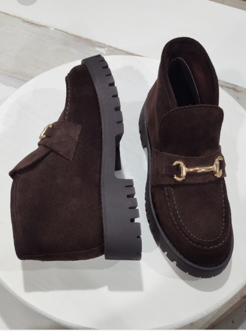 Steve Madden Leon Brown Suede Lug-Sole Ankle Booties with Gold Bit